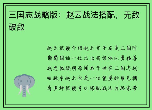 三国志战略版：赵云战法搭配，无敌破敌